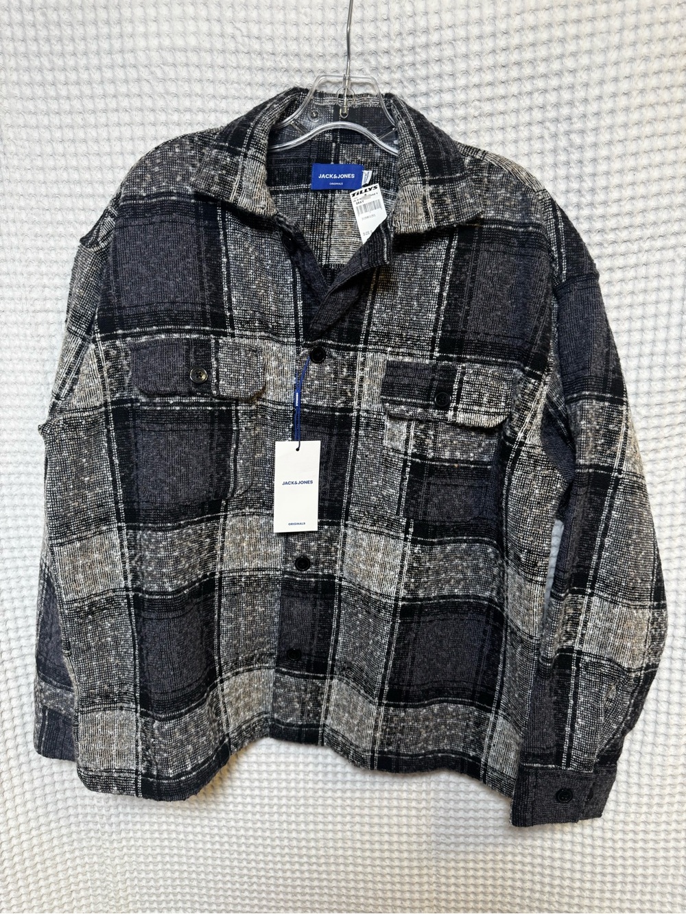 Jack & Jones Black & Gray Plaid Shacket Boucle Textured Shirt Jacket, NWT Size S